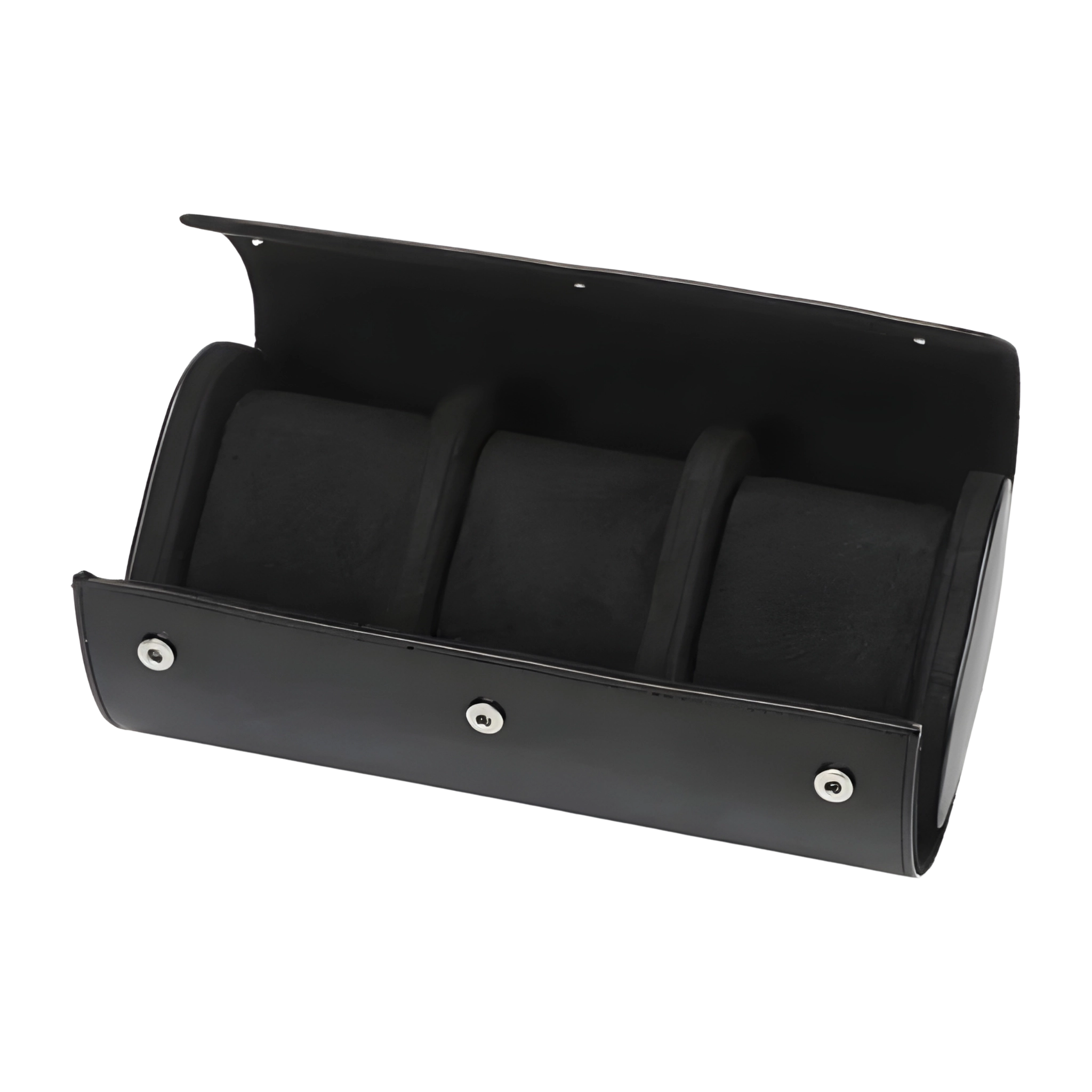Black leather wallet with three compartments on a white background