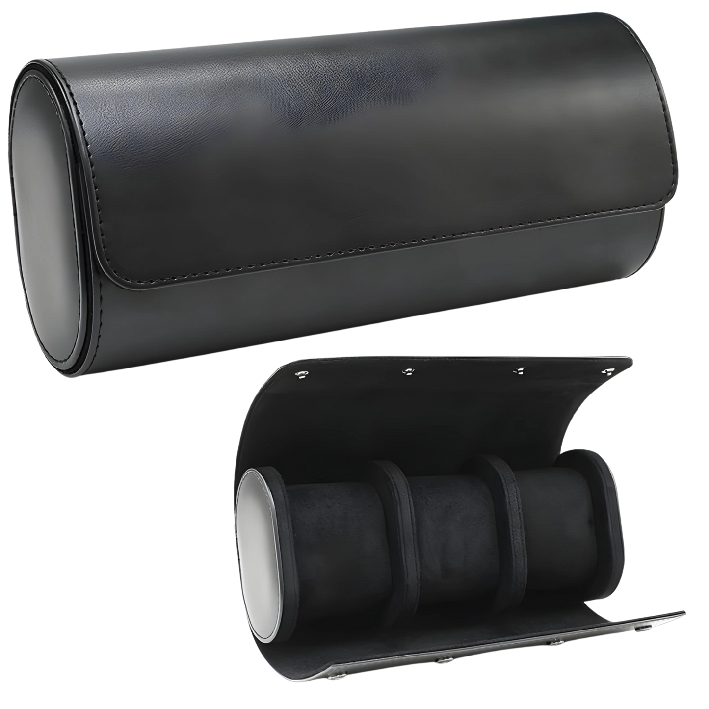 Black leather watch roll with three compartments on a white background