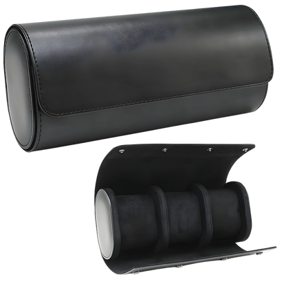 Black leather watch roll with three compartments on a white background