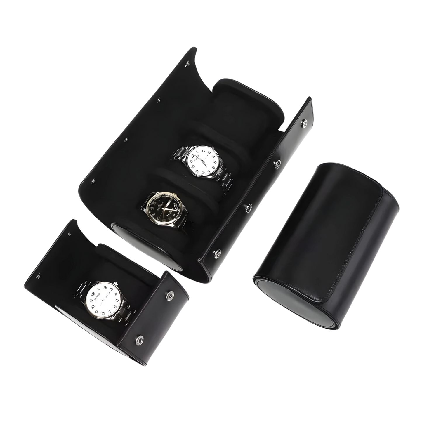 Black watch case with two watches inside on a white background