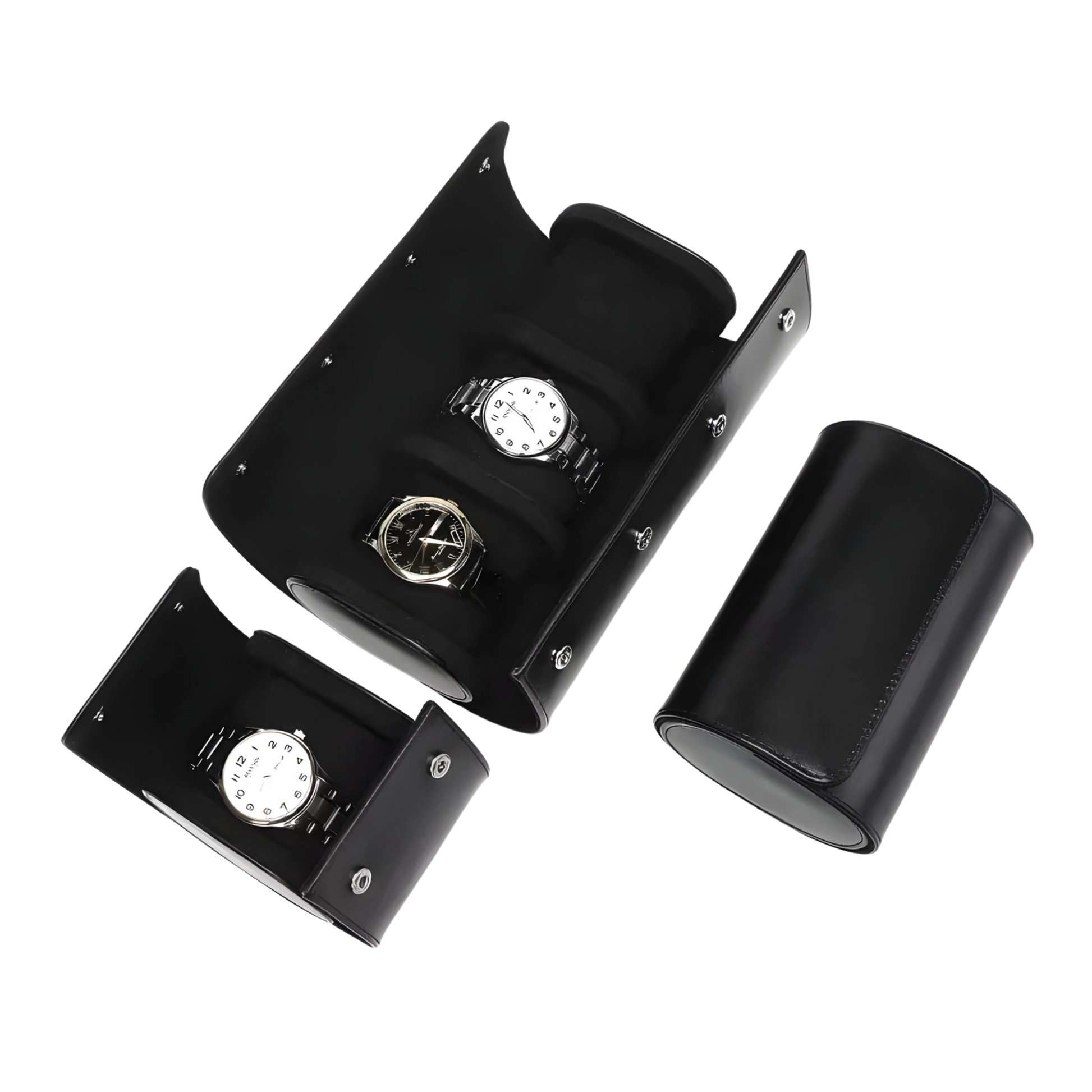 Black watch case with two watches inside on a white background
