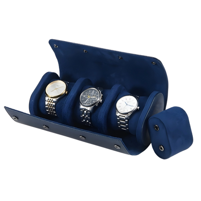 Blue watch holder with three watches on a white background