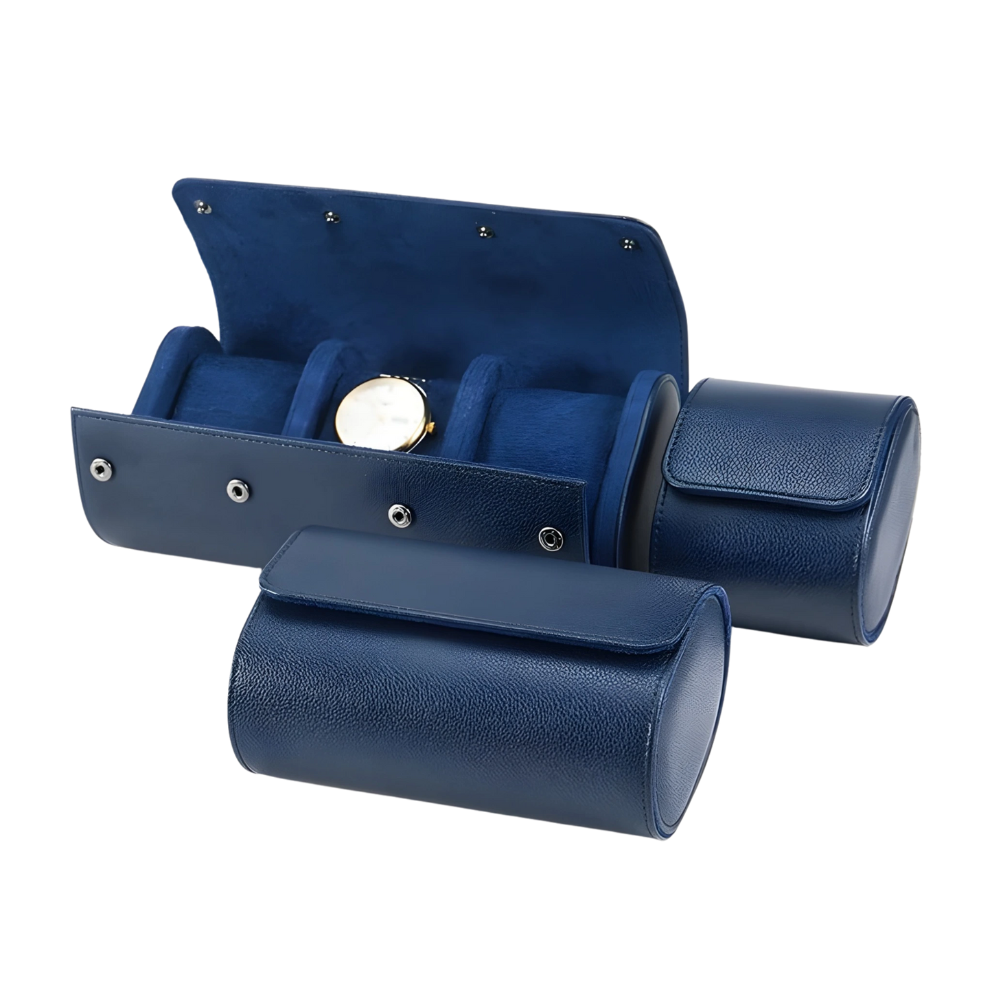 Blue leather watch case with a watch inside on a white background