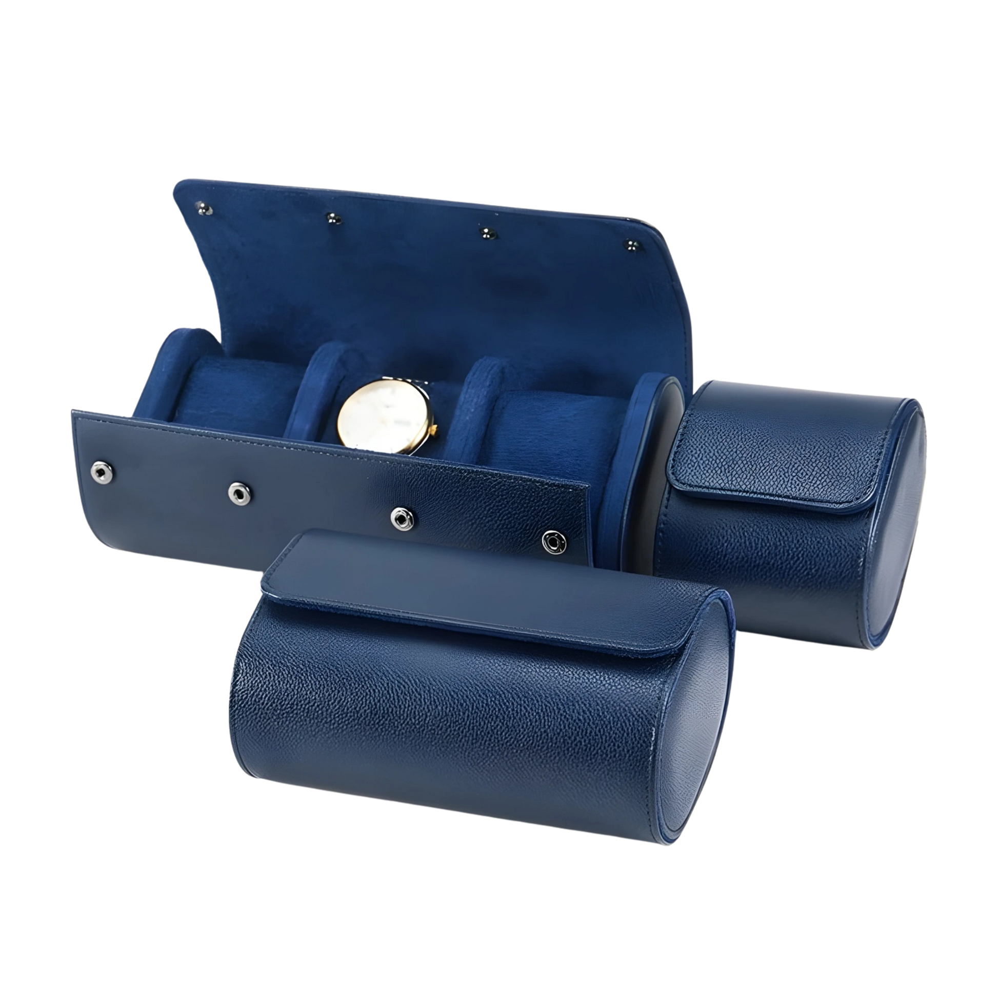 Blue leather watch case with a watch inside on a white background