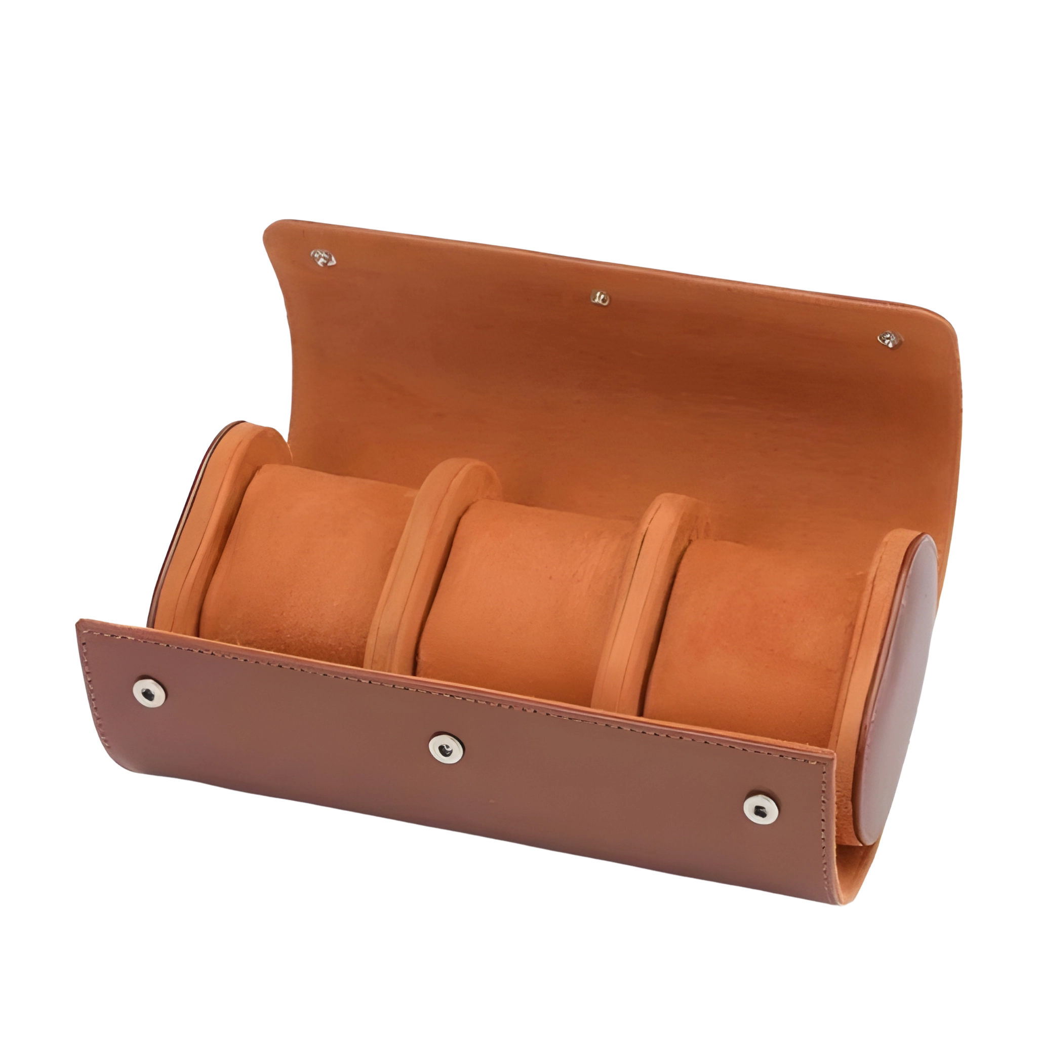 Brown leather jewelry holder with three compartments on a white background