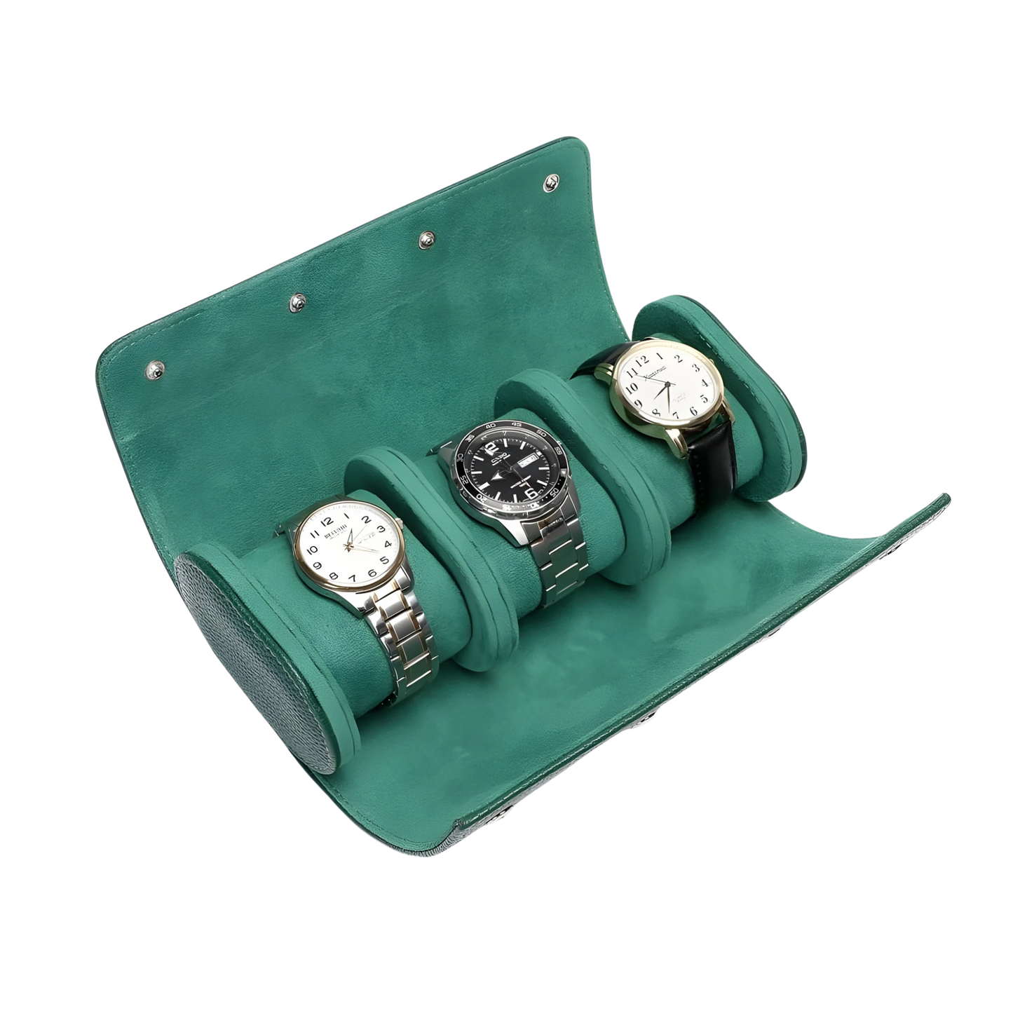 Green watch roll with three watches on a white background