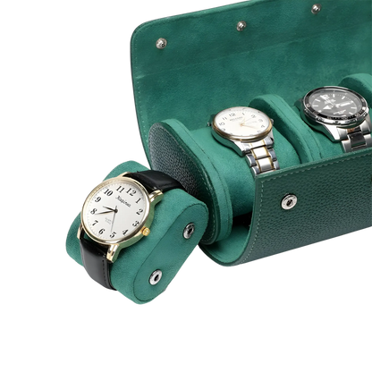 Green watch holder with four watches on a white background